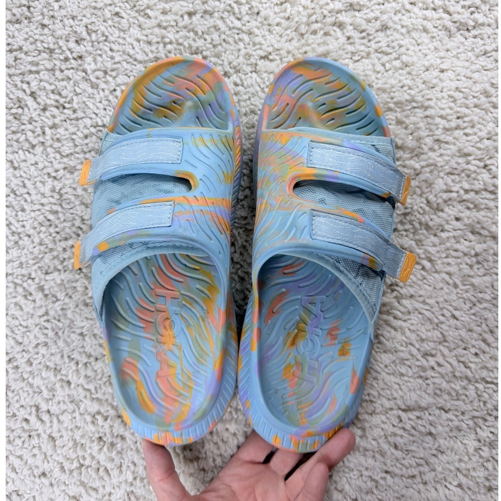 Womens Size 9 Hoka Ora Luxe Blue Marble Swirl Recovery Slides Sandals Adjustable